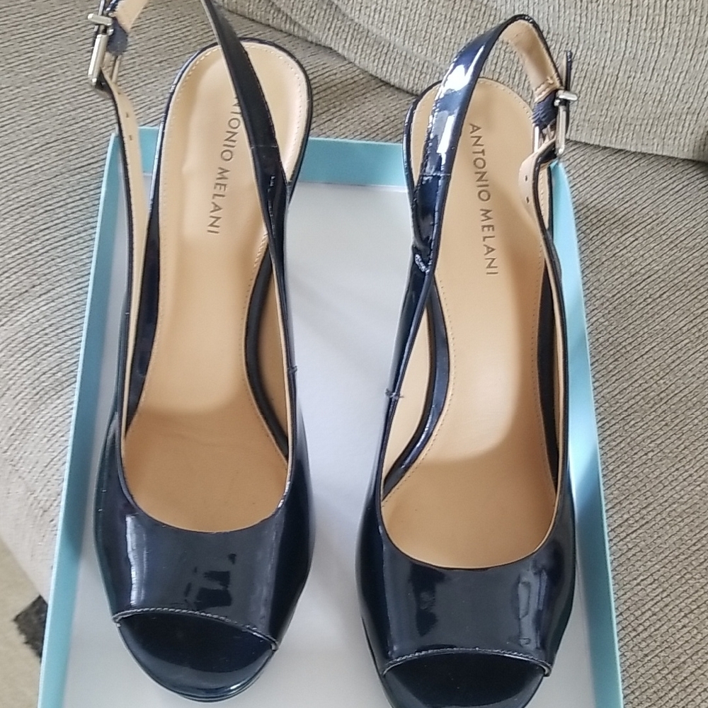 ANTONIO MELANI Navy Patent Peep-Toe Slingback Heels
